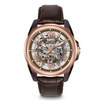 Bulova 98A165 Men's Automatic Brown Skeleton Dial Brown Leather Strap Watch